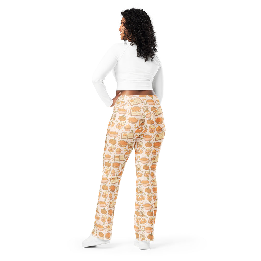 Women’s pumpkin pie themed high waist flare cream-colored leggings with orange pumpkins and autumn illustrations pattern