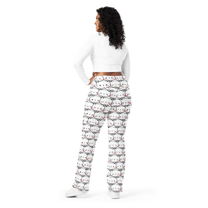 Women's White Cat Print High Waist Flare Legging Pants