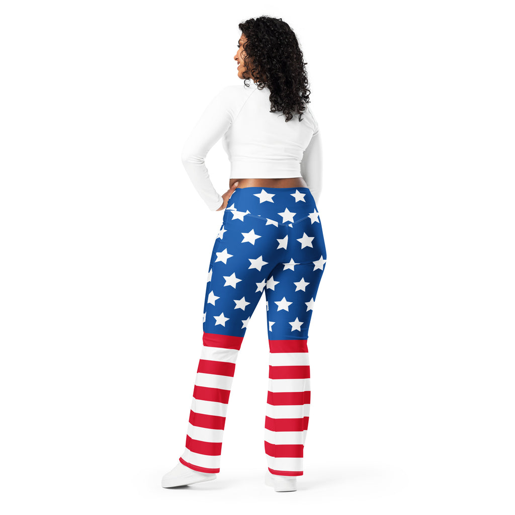 Women’s american flag high waist flare leggings with stretchy fabric featuring blue red stars and stripes design