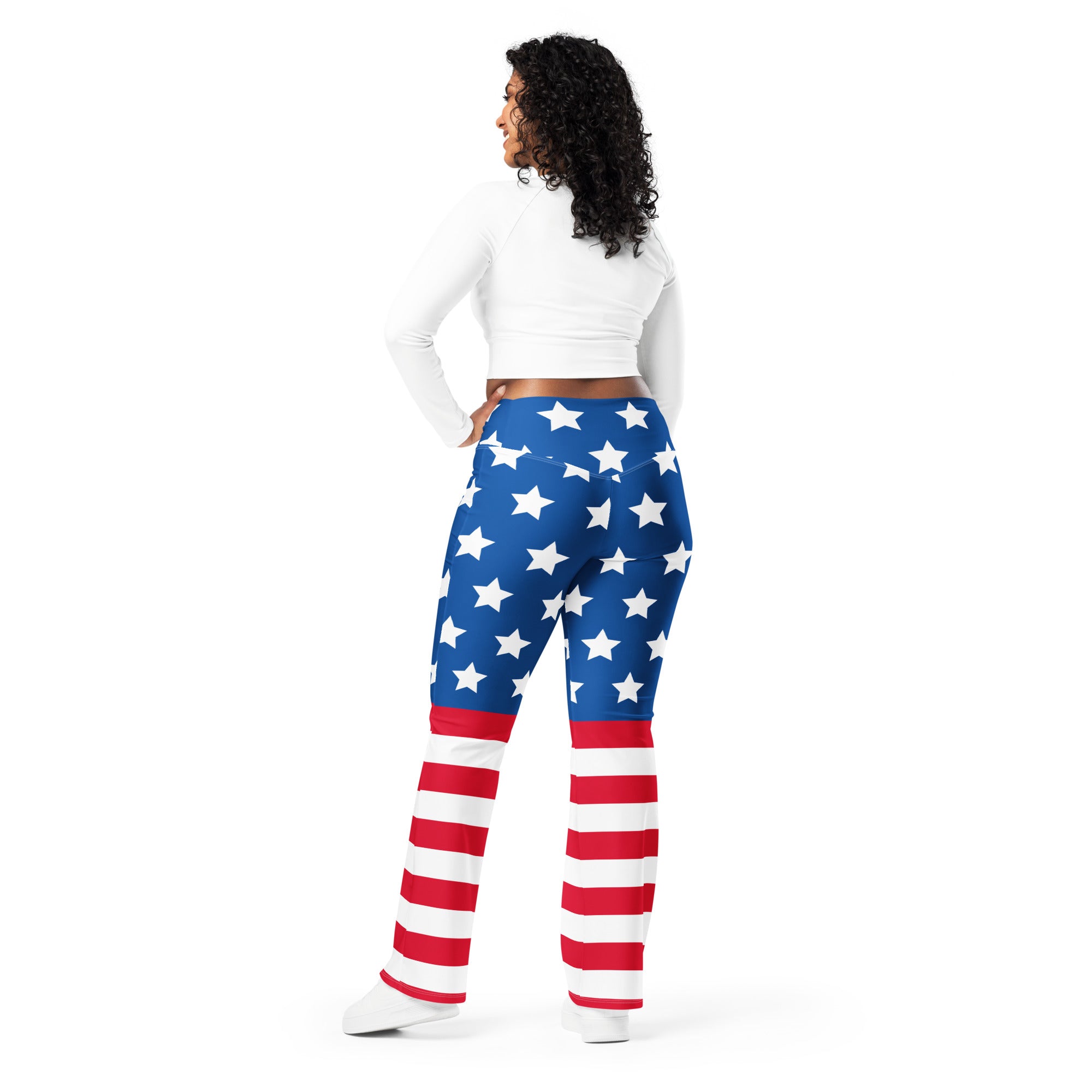 Women’s american flag high waist flare leggings with stretchy fabric featuring blue red stars and stripes design