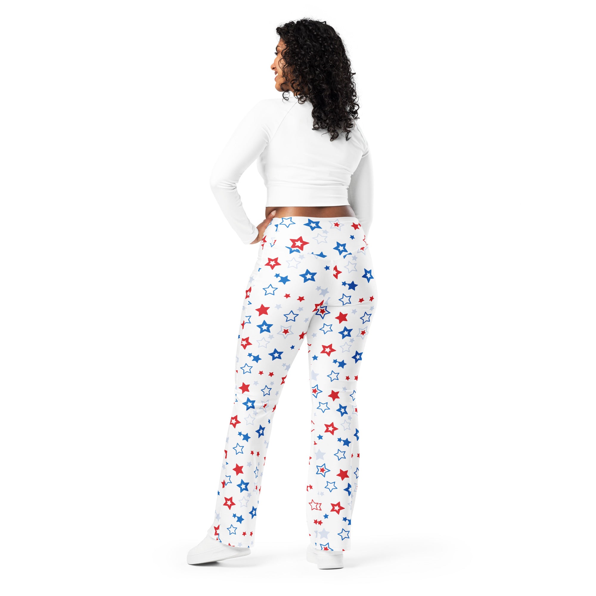 White pajama pants with a playful red and blue star pattern from women’s red white and blue stars high waist flare legging pants