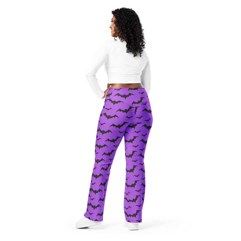 Women’s purple bats halloween high waist flare legging pants with bat pattern perfect for festive wear
