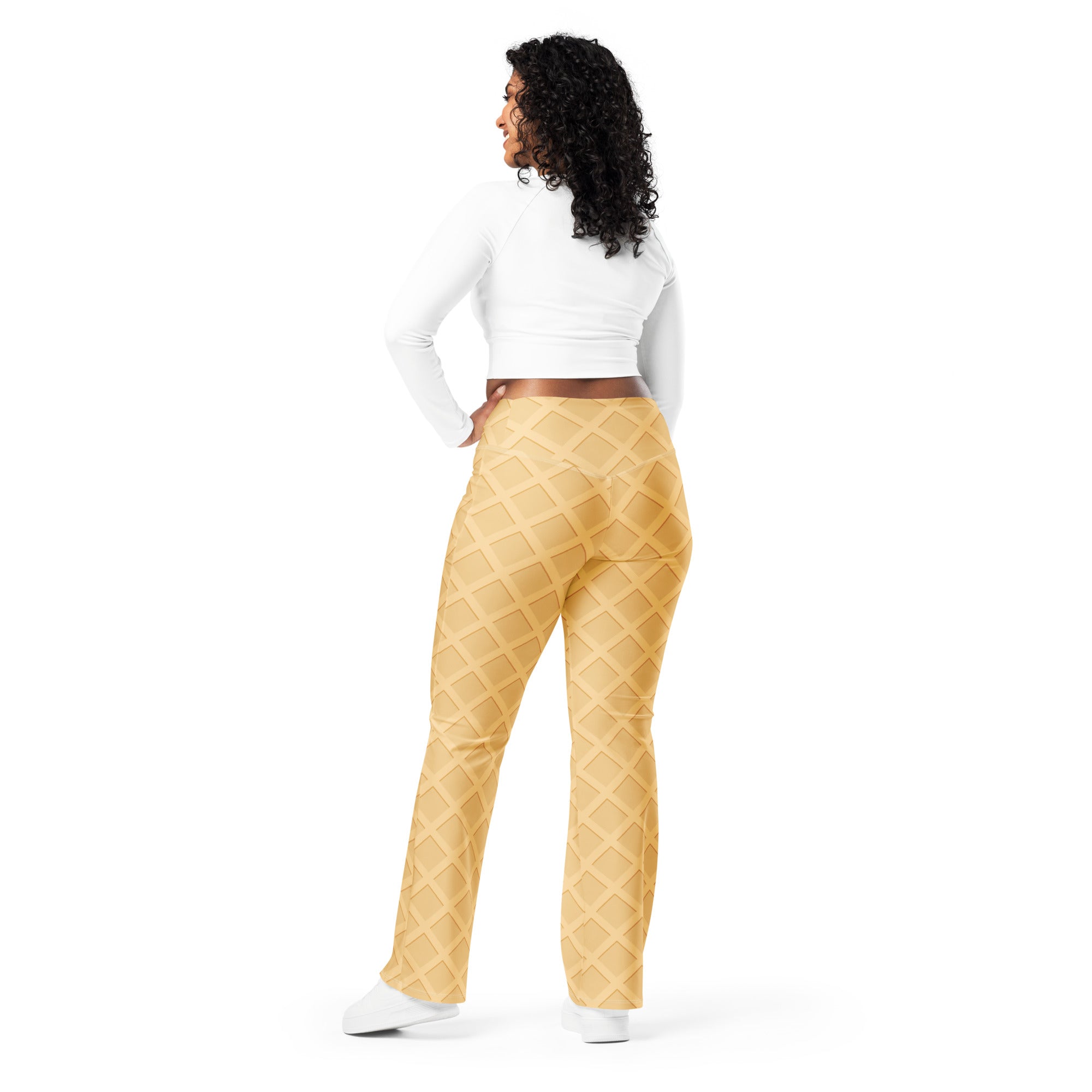 Cream-colored waffle cone patterned high waist flare legging pants with flared leg cut for women