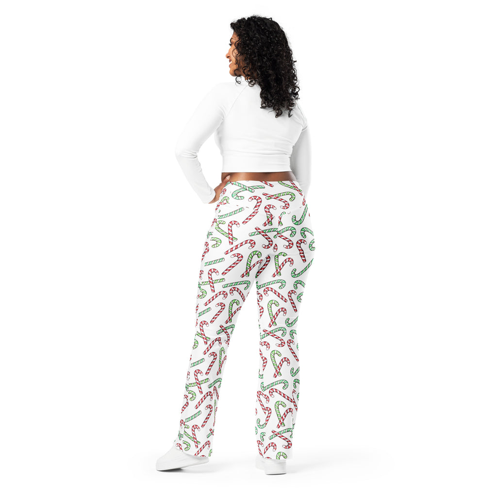 Women's Red & Green Candy Cane High Waist Flare Legging Pants