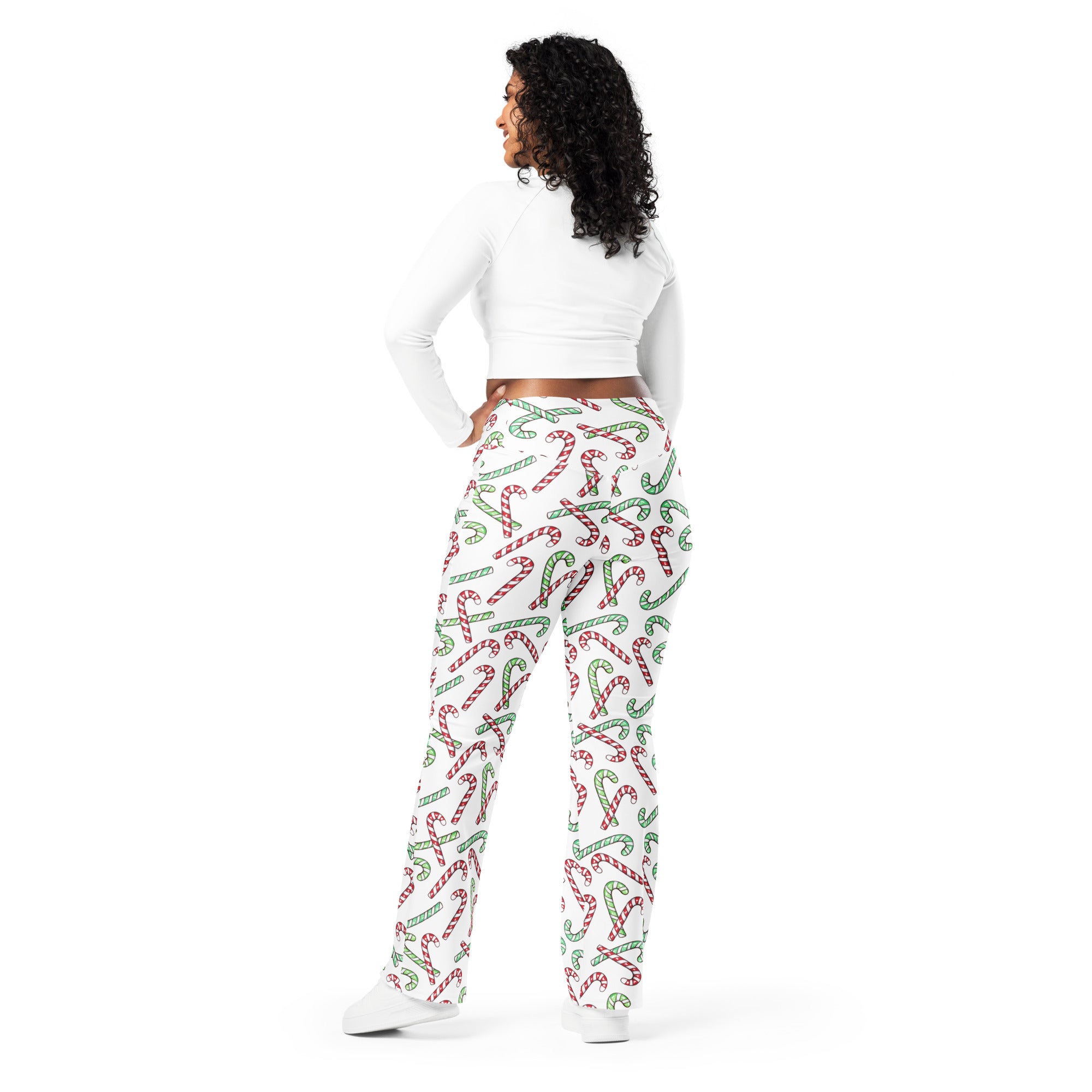 Women's Red & Green Candy Cane High Waist Flare Legging Pants