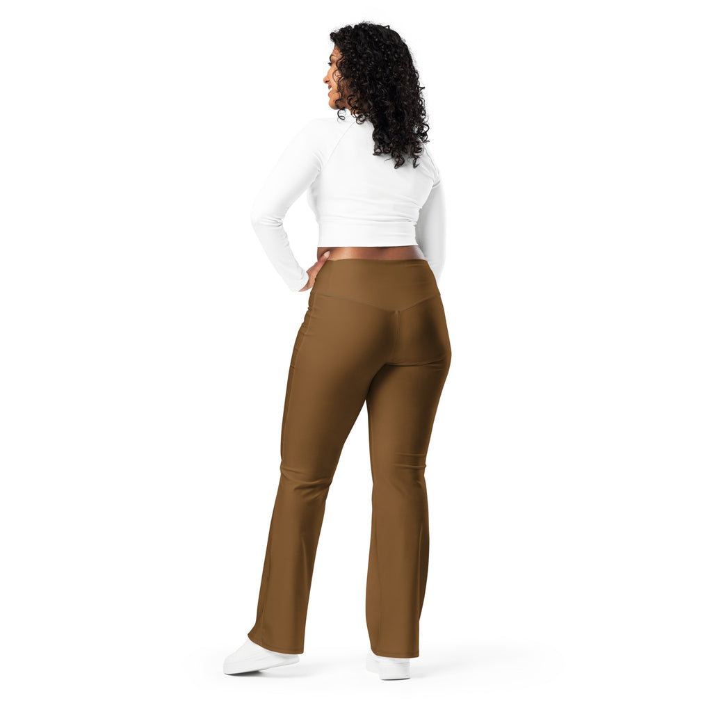 Women’s brown high waist flare legging pants made of smooth stretchy fabric shown from the back side