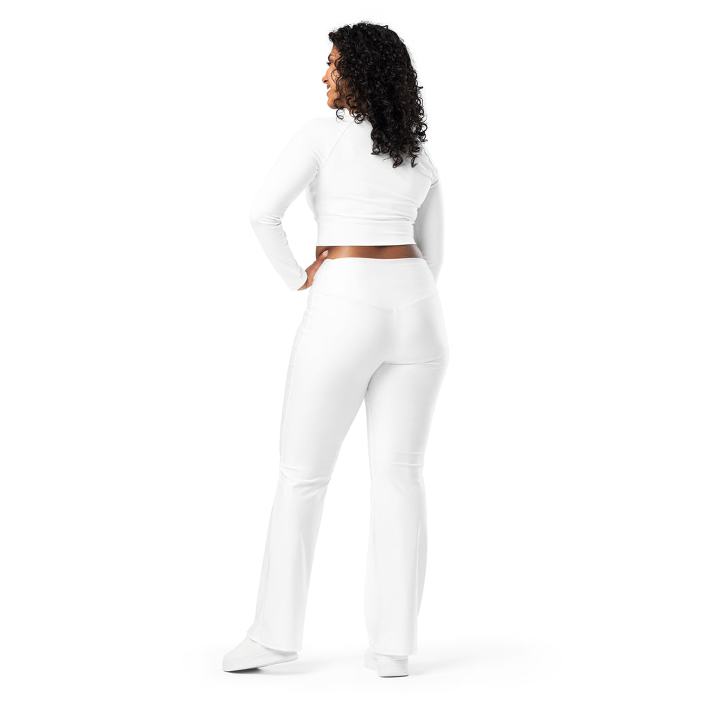 Women’s white high waist flare legging pants set with long-sleeved crop top in soft stretch fabric