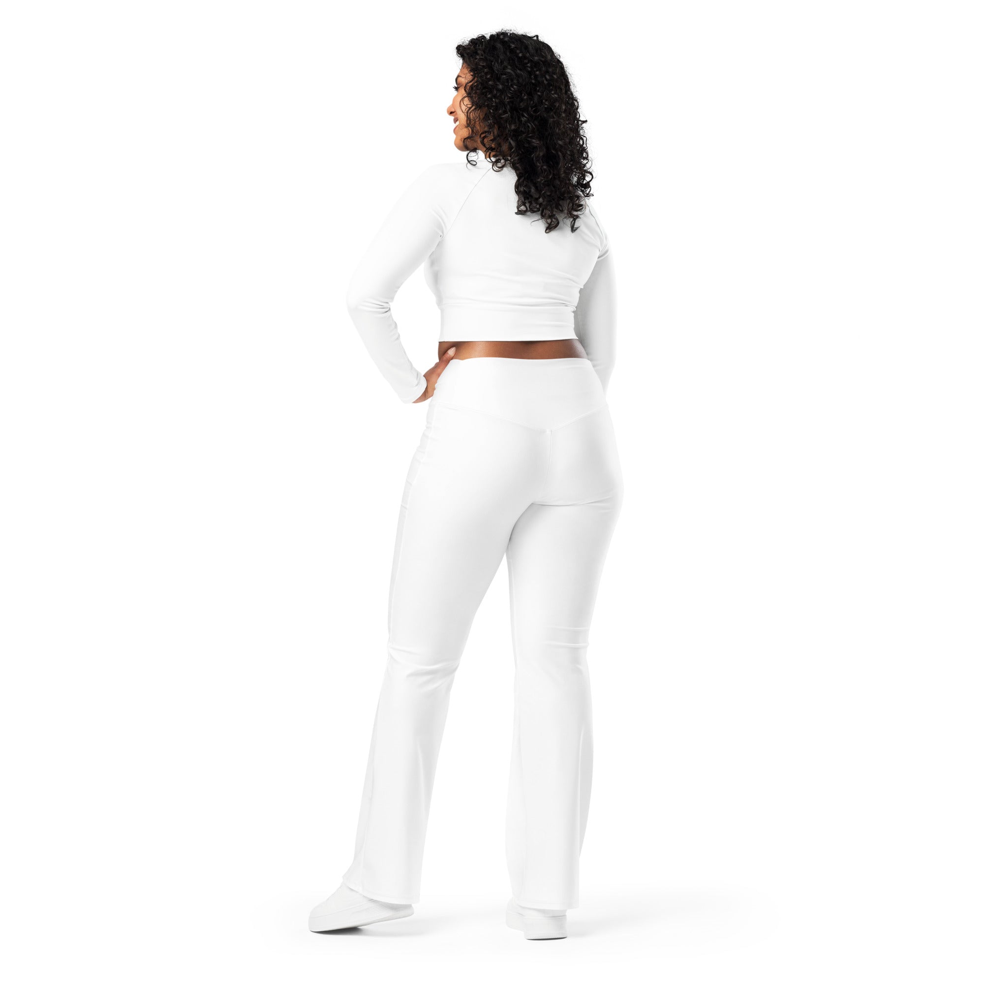 Women’s white high waist flare legging pants set with long-sleeved crop top in soft stretch fabric