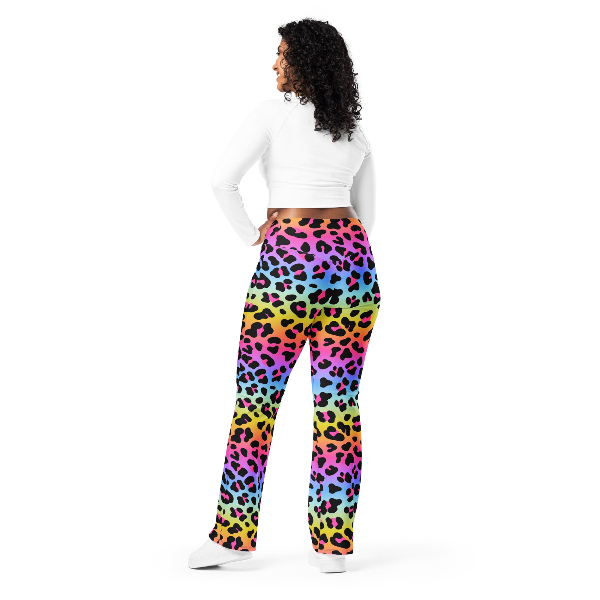 Women’s rainbow leopard high waist flare leggings with vibrant gradient pattern and colorful animal print design