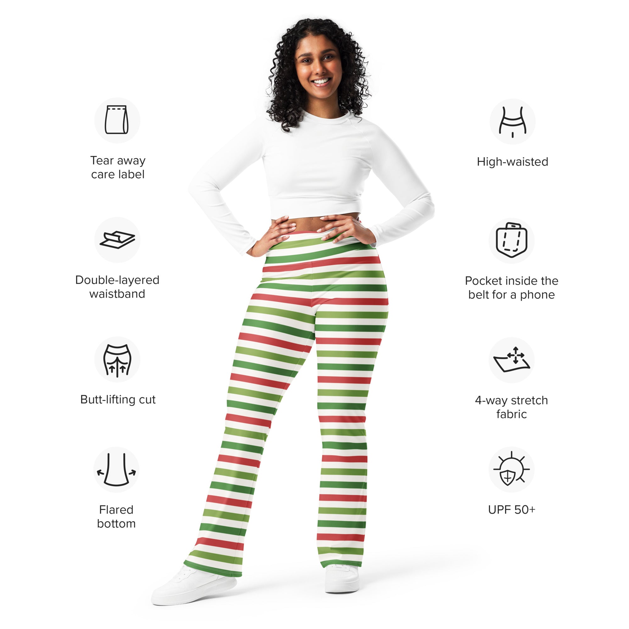 Women’s yellow high waist flare legging pants featuring red and green striped high-waisted leggings with flared bottoms