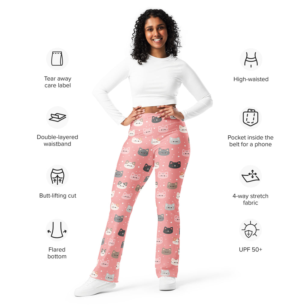 Women’s cute pink cat faces high waist flare legging pants with gray and white cartoon cats made from 4-way stretch fabric