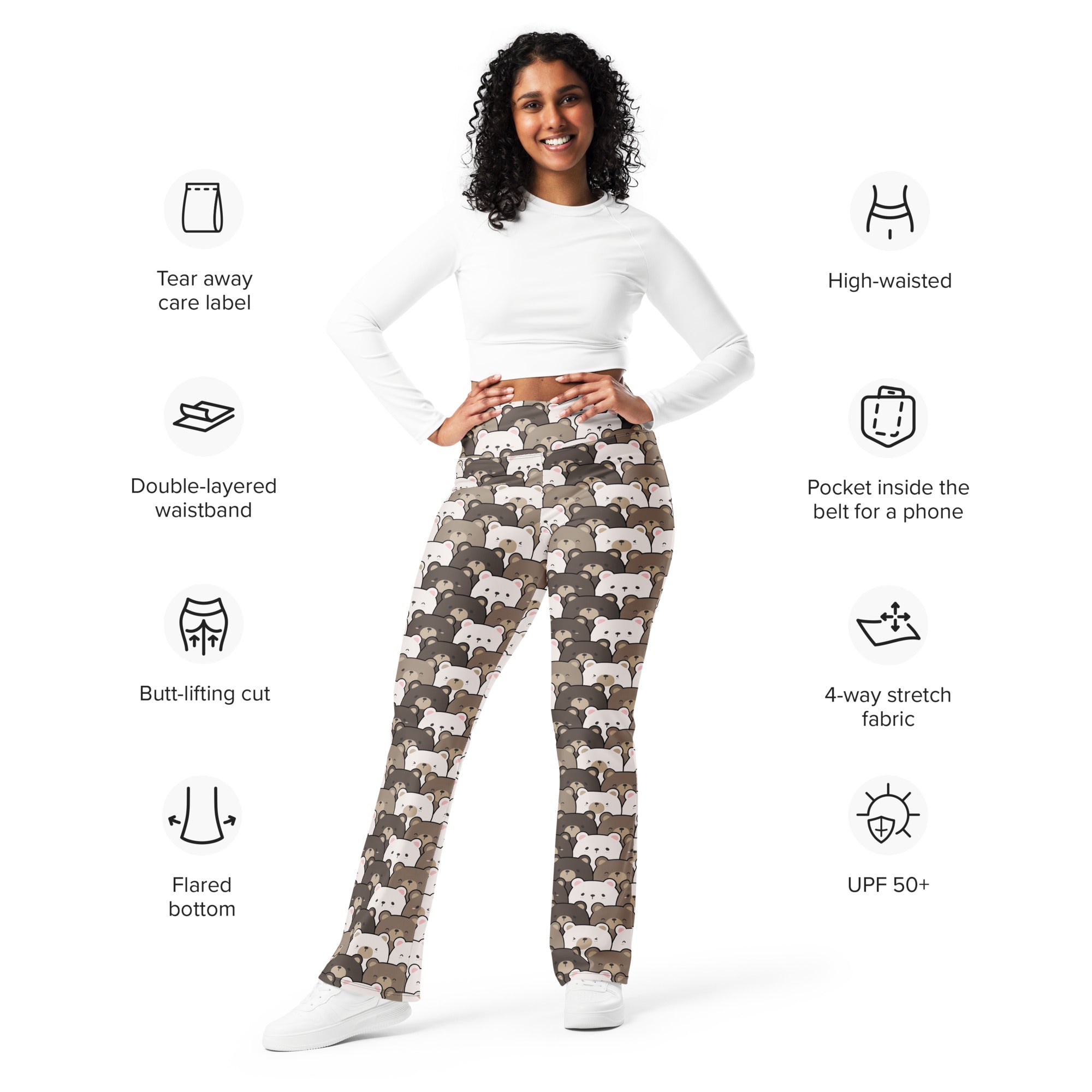 Women’s cute bear print high waist flare legging pants in muted brown with white and gray cartoon bears made from 4-way stretch fabric