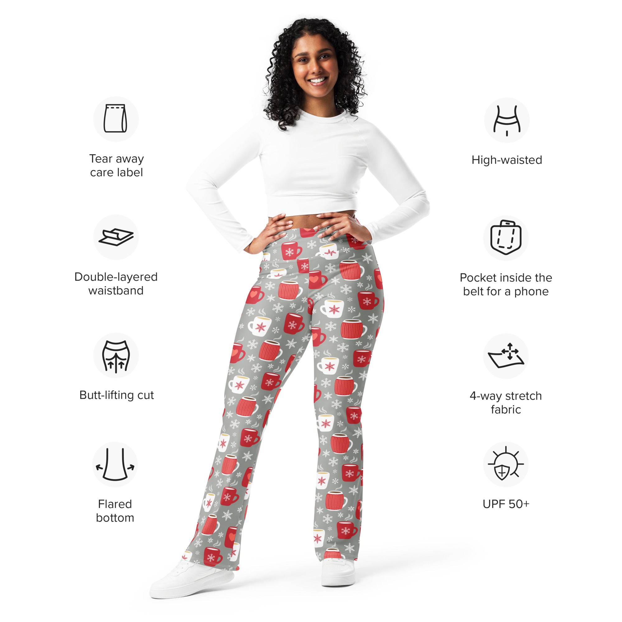Women’s hot cocoa christmas high waist flare legging pants in gray with red and white coffee mug snowflake pattern