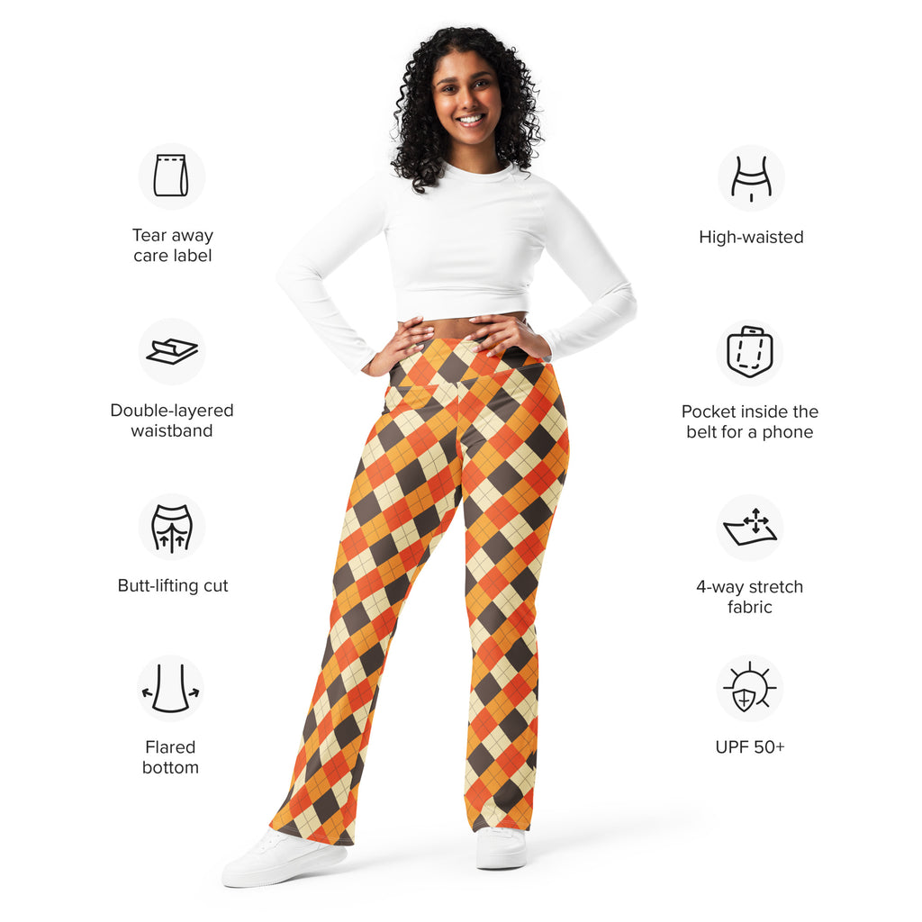 Women’s fall argyle high waist flare legging pants in vibrant orange brown cream 4-way stretch fabric