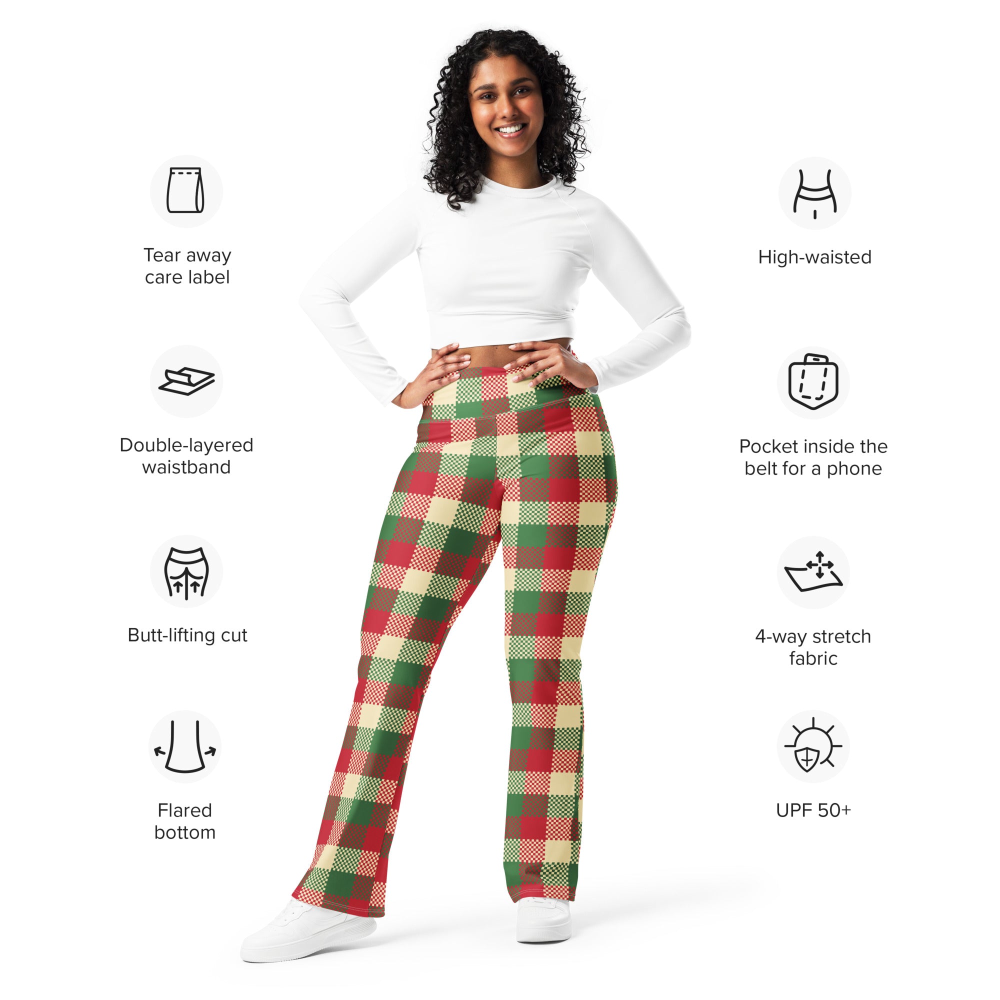 Women’s christmas plaid high waist flare legging pants in red green and cream with a flared bottom