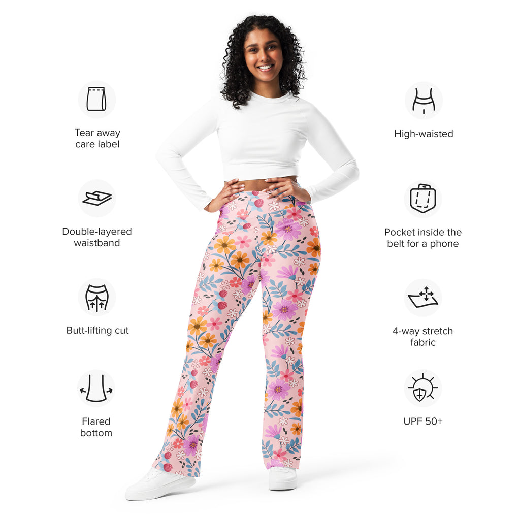 Women pink floral high waist flare legging pants made with 4-way stretch fabric for comfort and style