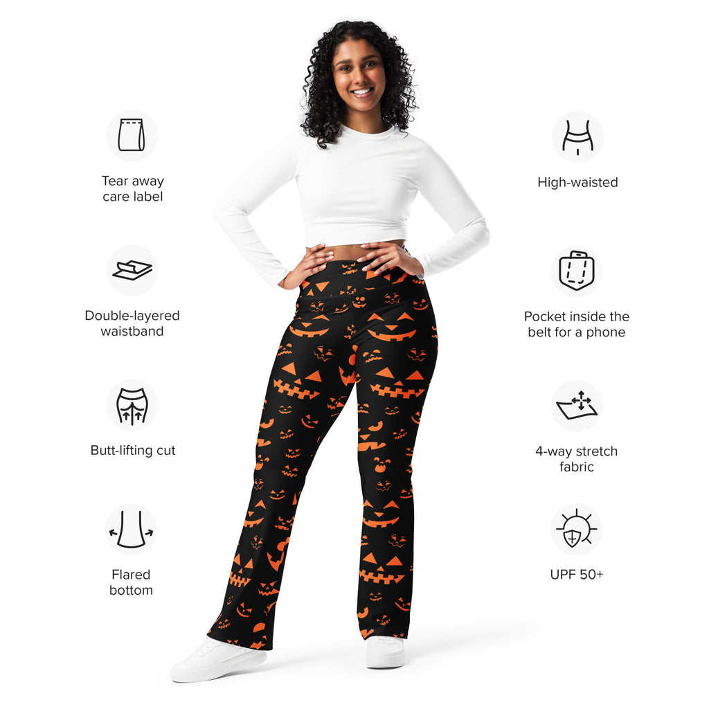 Women’s black halloween leggings with orange jack o lantern faces high waist flare design perfect for halloween