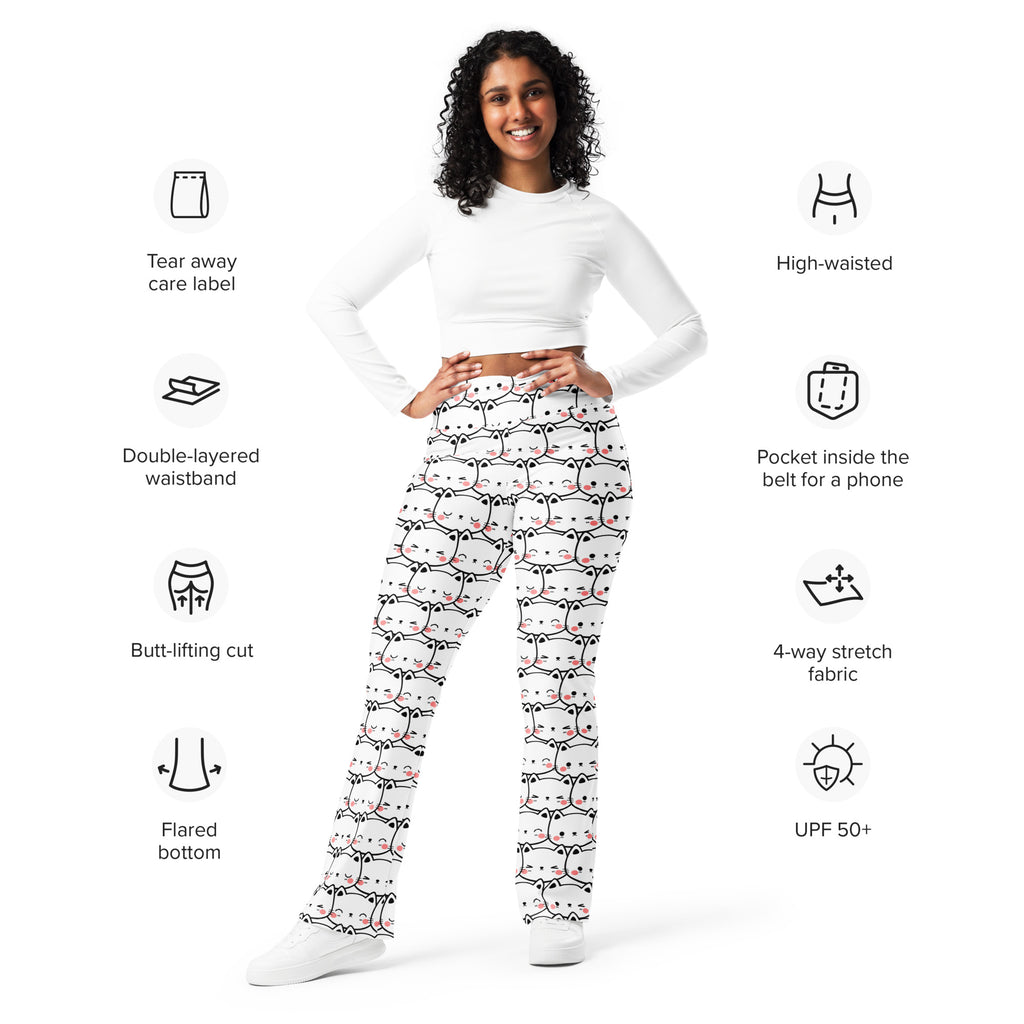 Women’s white cat print high waist flare legging pants with black and pink cartoon cats in 4-way stretch fabric