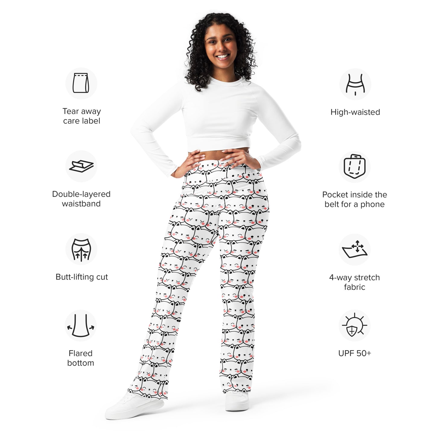 Women's White Cat Print High Waist Flare Legging Pants