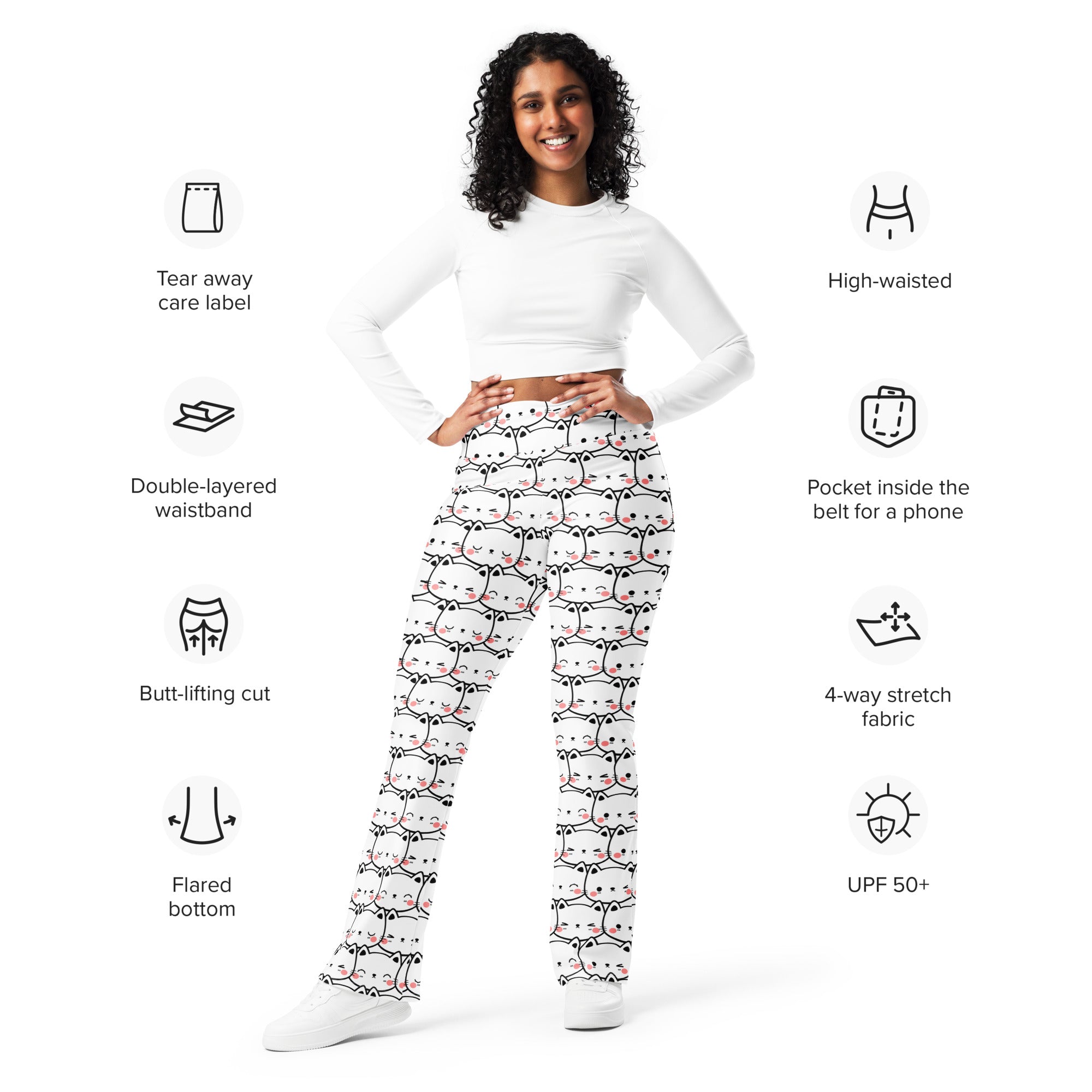 Women’s white cat print high waist flare legging pants with black and pink cartoon cats in 4-way stretch fabric
