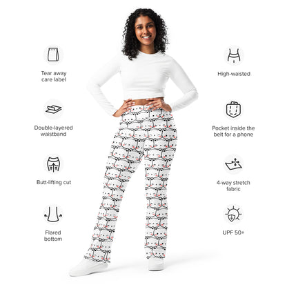 Women's White Cat Print High Waist Flare Legging Pants