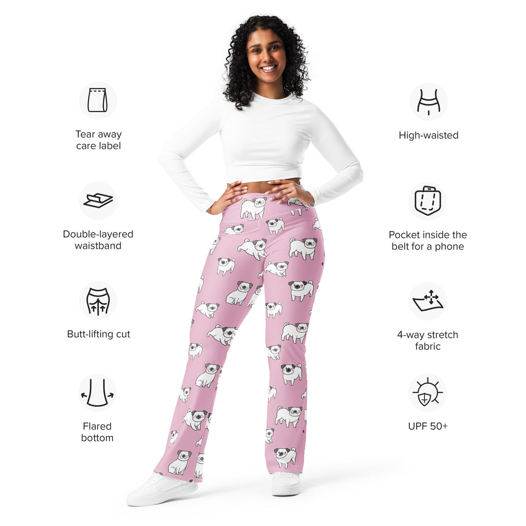 Women’s pink high waist flare legging pants with a white pug dog pattern made from soft pajama fabric