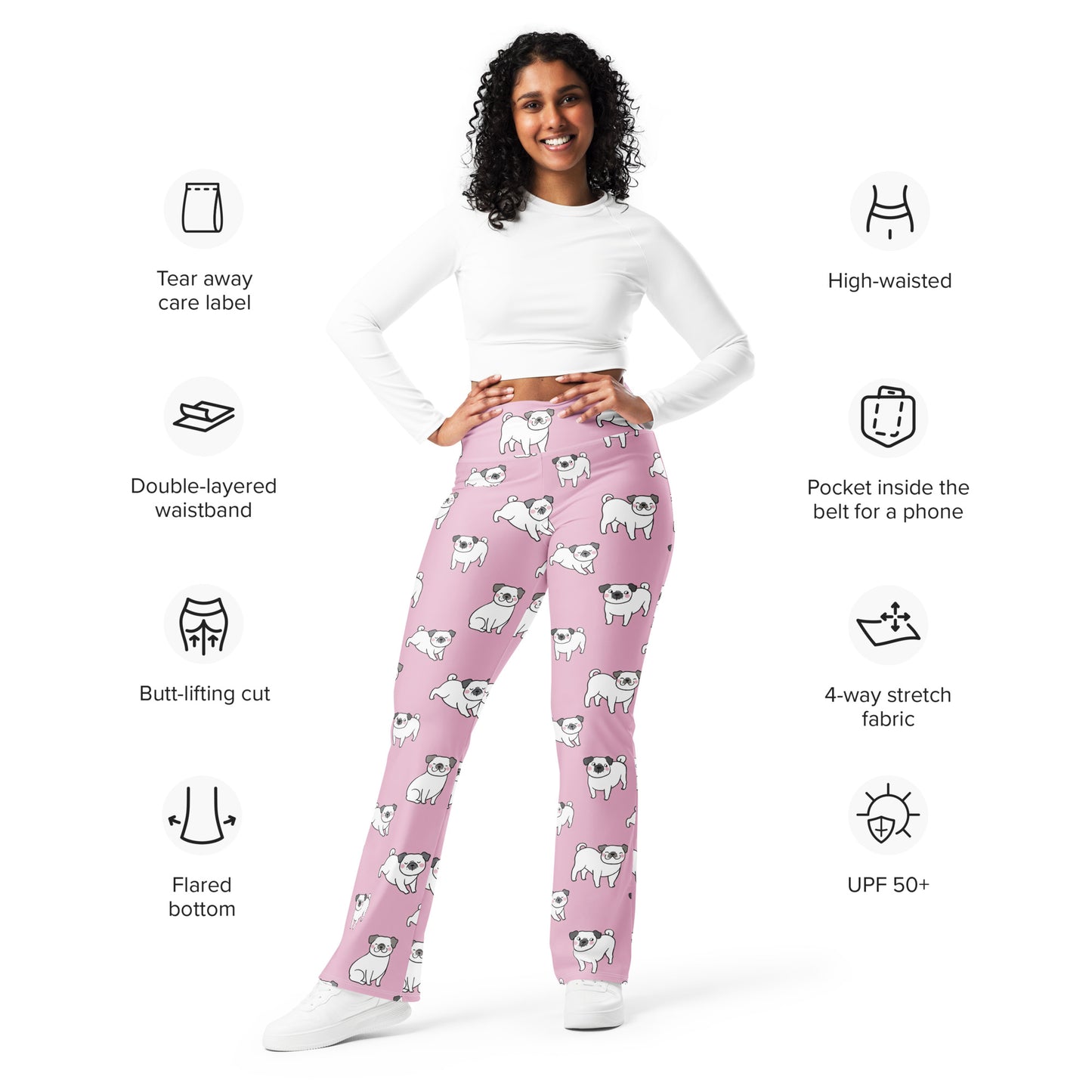 Women's Pink Pug Dog High Waist Flare Legging Pants