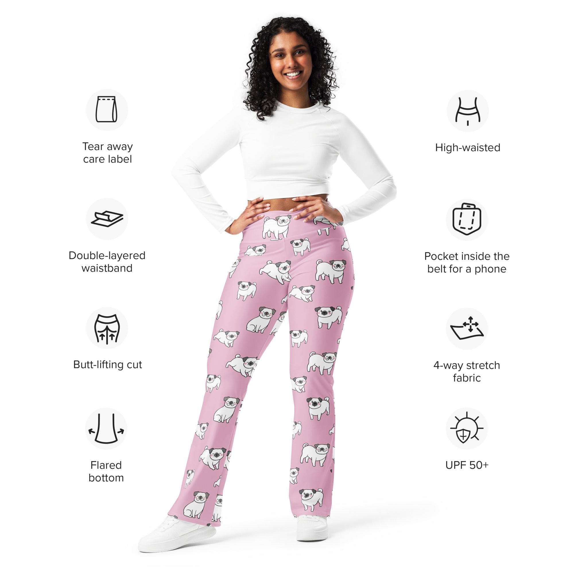 Women’s pink high waist flare legging pants with a white pug dog pattern made from soft pajama fabric