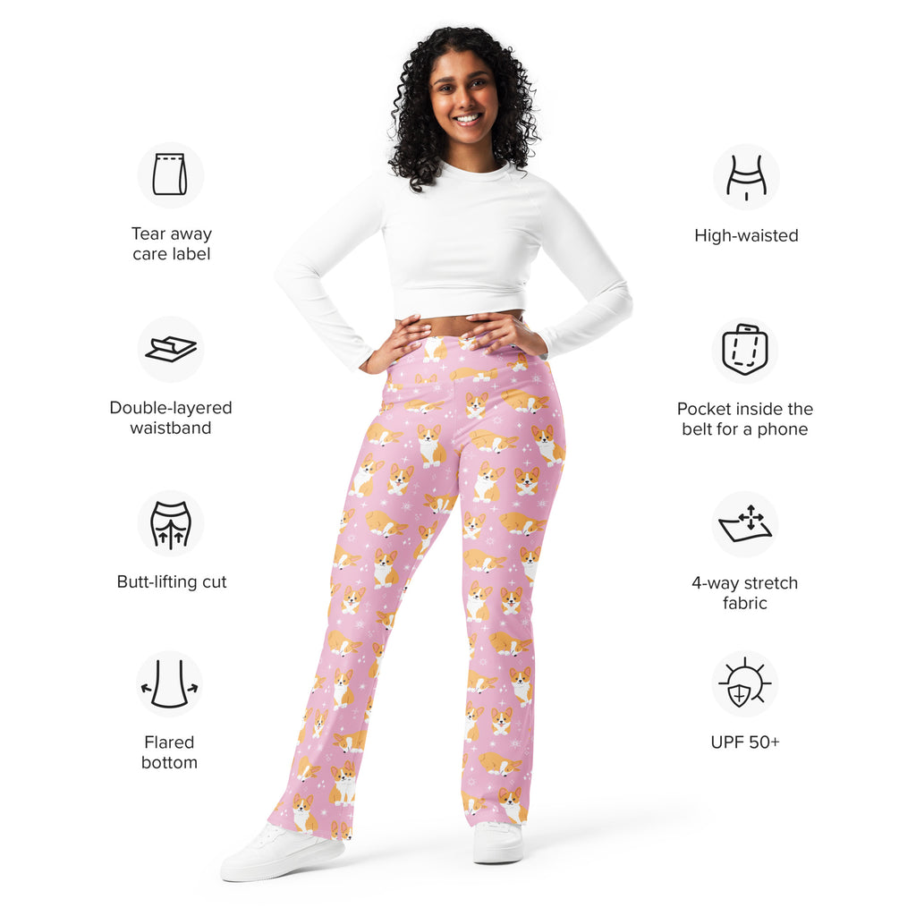 Women’s pink corgi dog high waist flare legging pants with playful pattern made from 4-way stretch fabric
