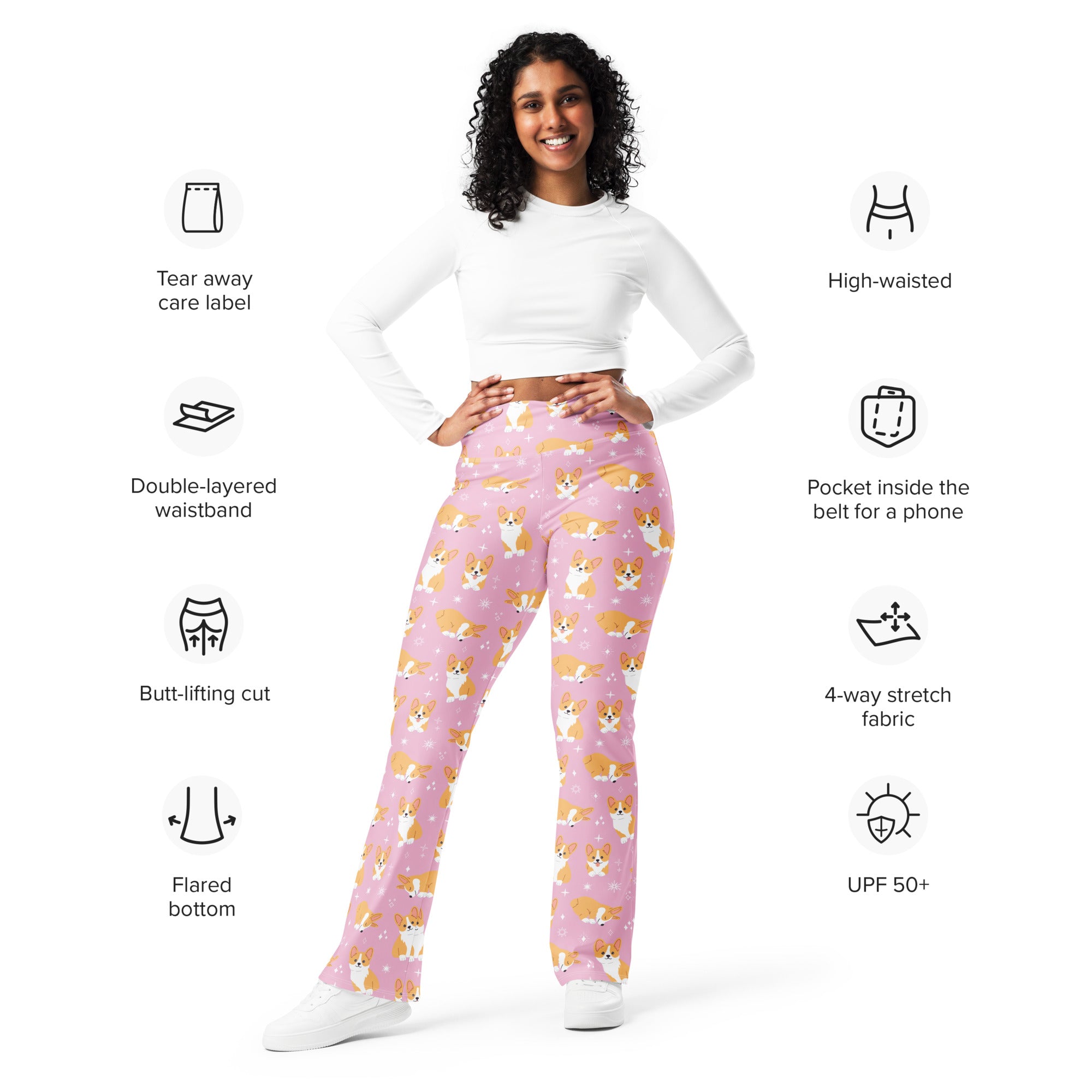 Women’s pink corgi dog high waist flare legging pants with playful pattern made from 4-way stretch fabric