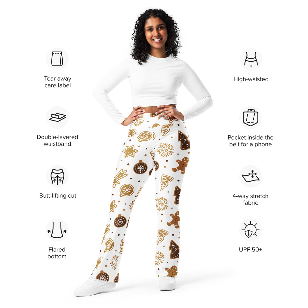Women’s white high waist flare leggings with festive gingerbread pattern in gold and brown made from 4-way stretch fabric