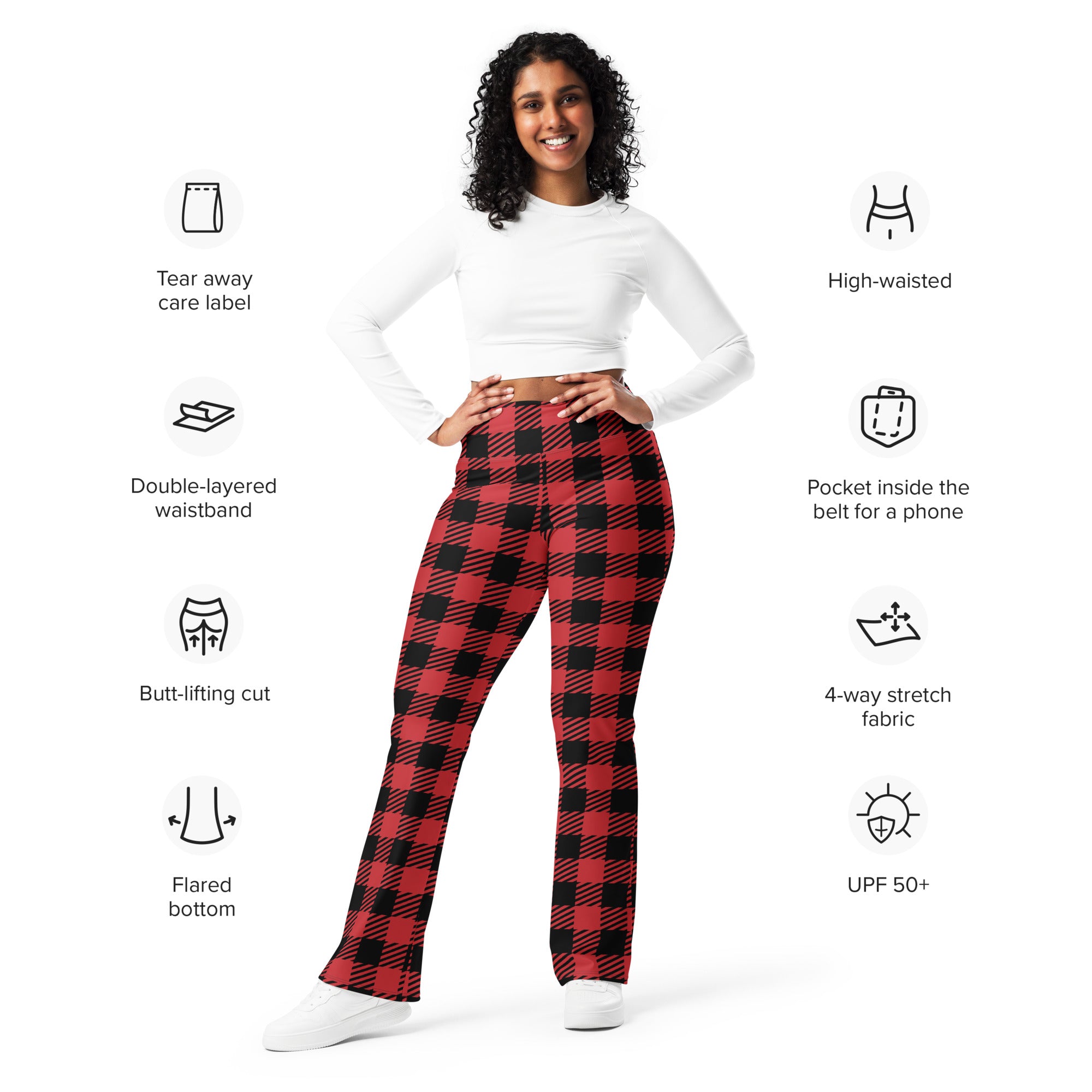 Women’s red buffalo plaid high waist flare legging pants with a red and black plaid pattern and flared bottom