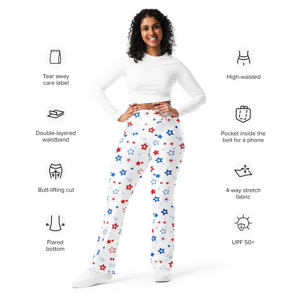 White high-waisted flare legging pants with red blue and silver star pattern for women