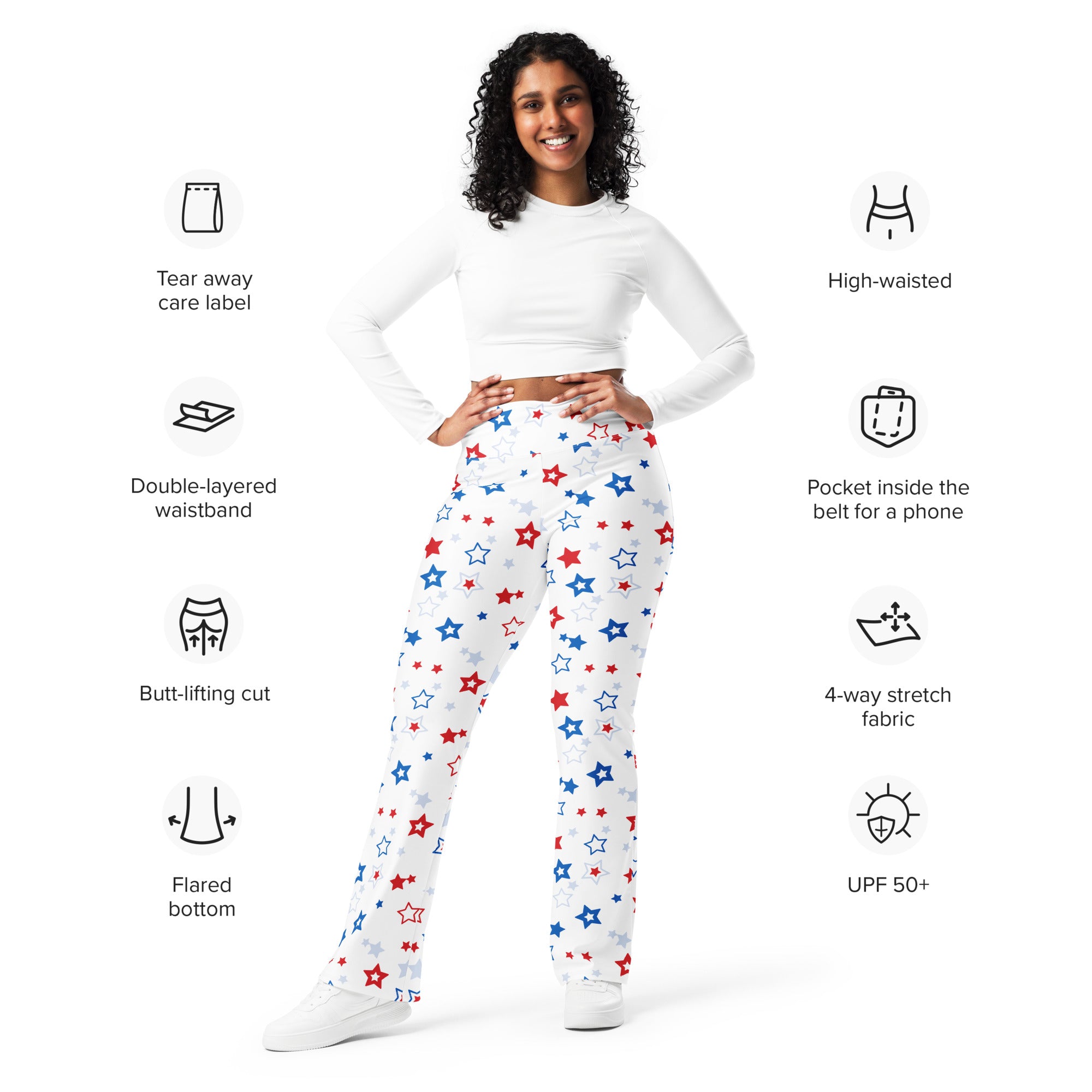 White high-waisted flare legging pants with red blue and silver star pattern for women