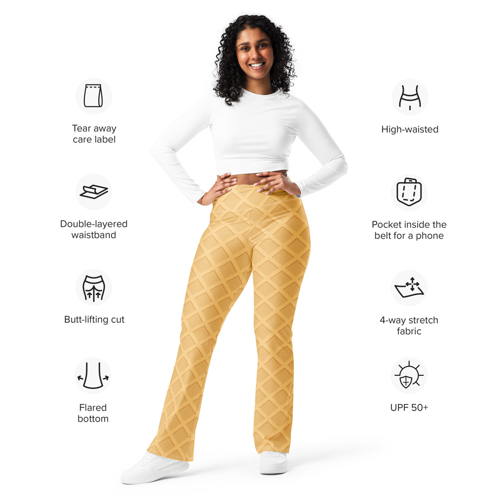 A pair of women’s waffle cone high waist flare legging pants in mustard yellow quilted 4-way stretch fabric