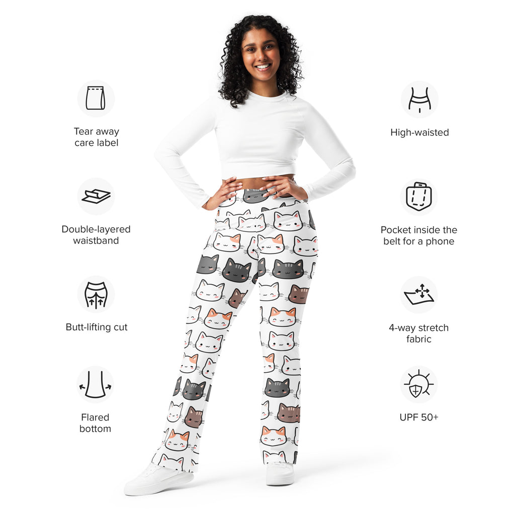 Women’s white high waist flare leggings with colorful cartoon cat print for a cute and comfortable look