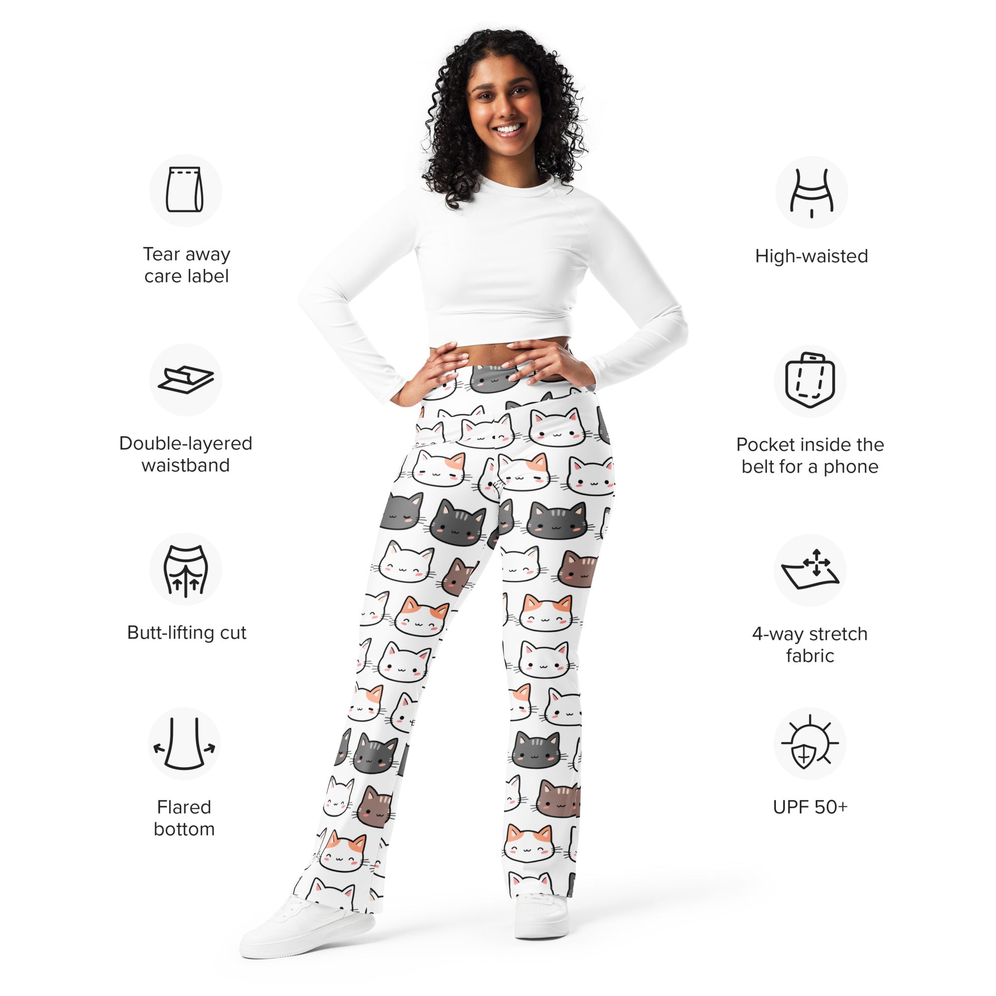 Women’s white high waist flare leggings with colorful cartoon cat print for a cute and comfortable look