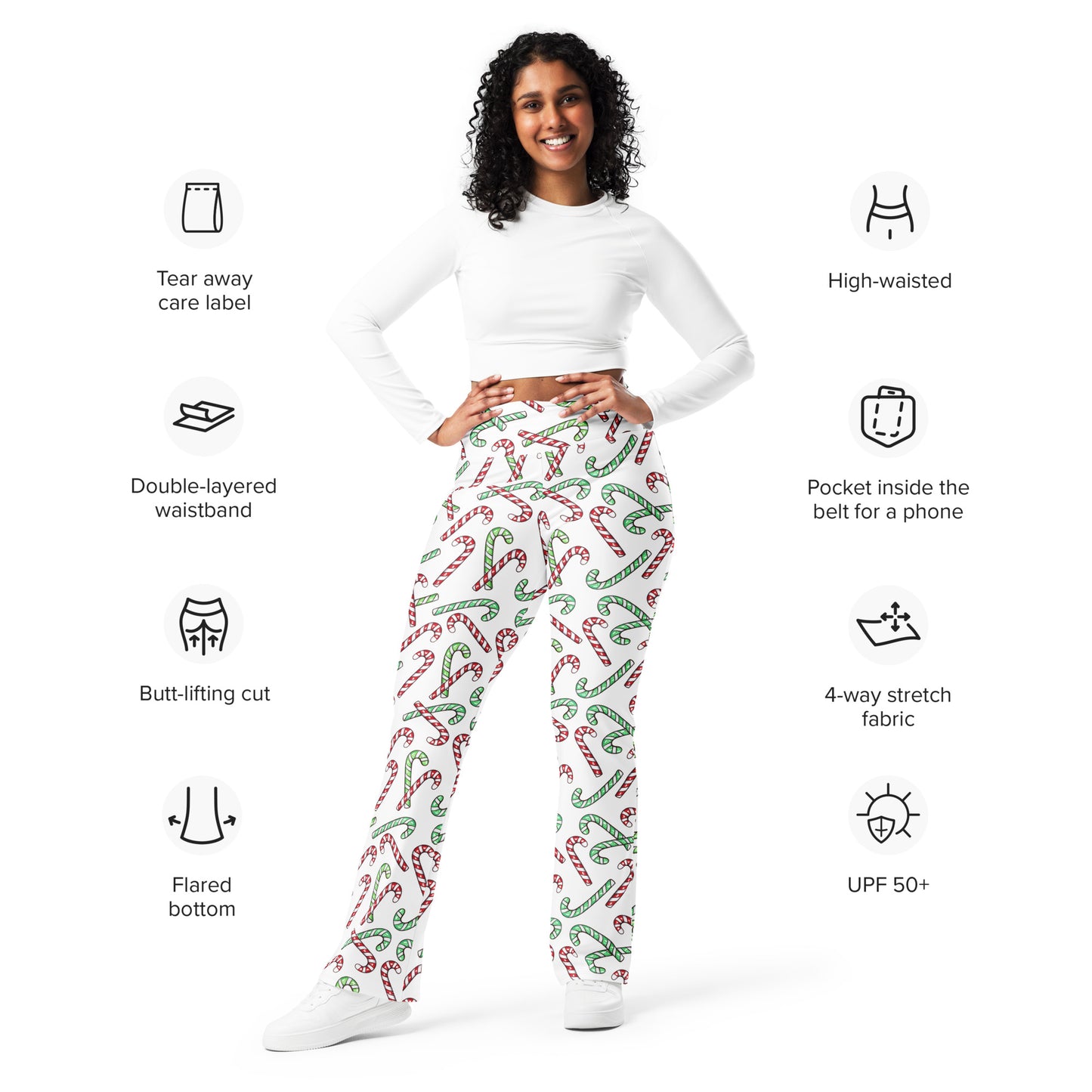 Women's Red & Green Candy Cane High Waist Flare Legging Pants