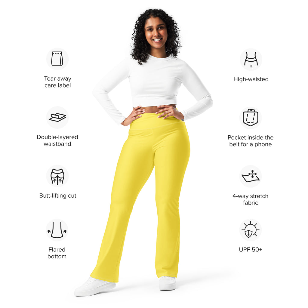 Women’s yellow high waist flare legging pants with double layered waistband and 4 way stretch fabric