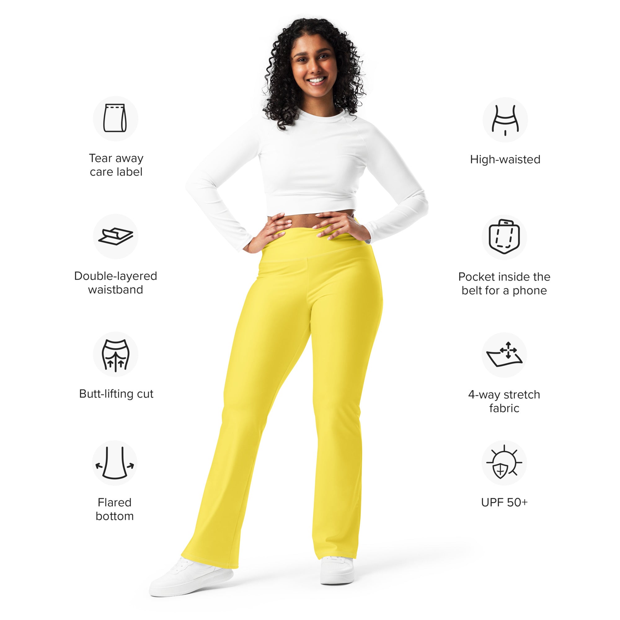 Women’s yellow high waist flare legging pants with double layered waistband and 4 way stretch fabric