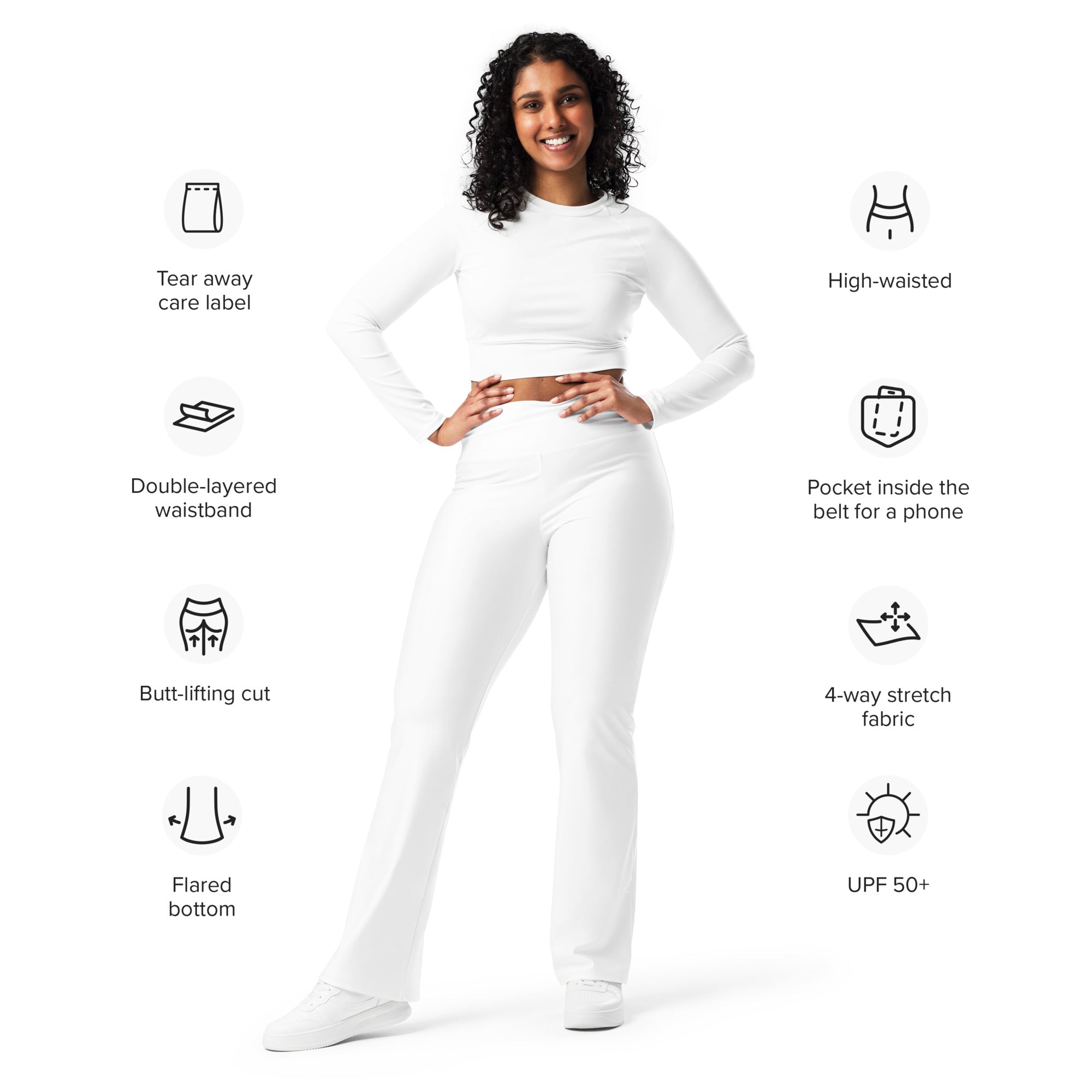 Women’s white high waist flare legging pants with double-layer waistband made of 4-way stretch fabric