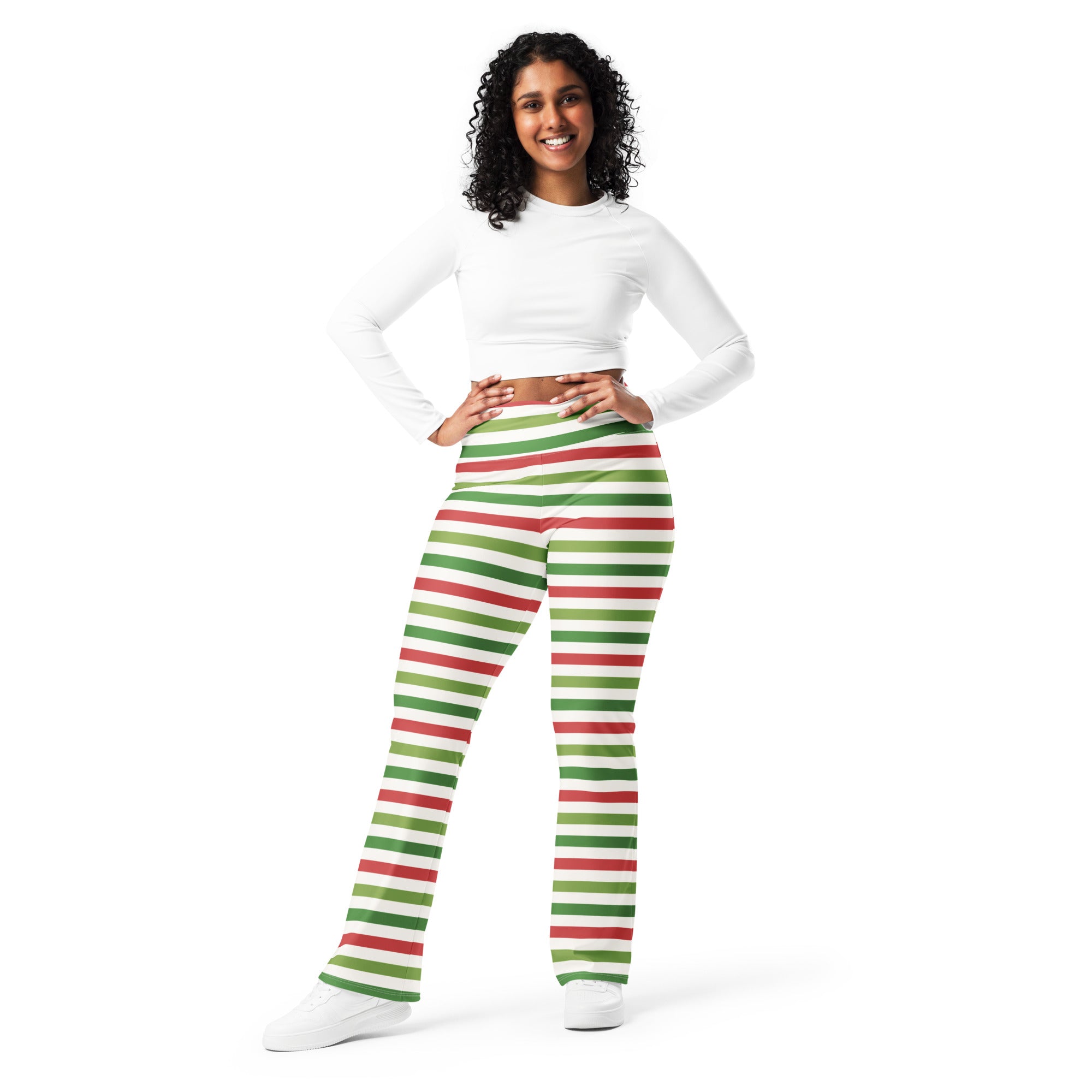 Women’s yellow high waist flare leggings in red and green horizontal stripes with a white base and fitted ankle flare
