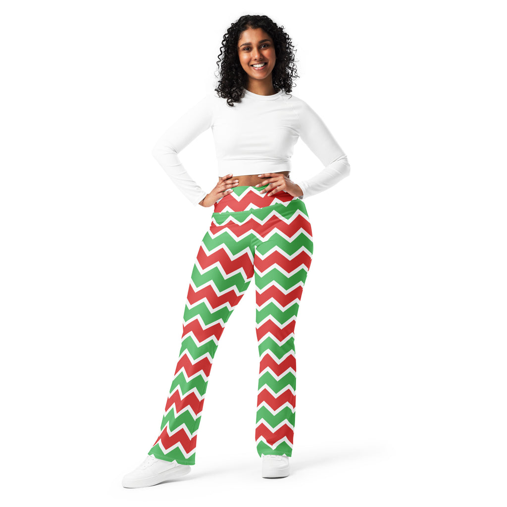 Women’s christmas chevron high waist flare leggings in red and green stretch fabric worn by a woman