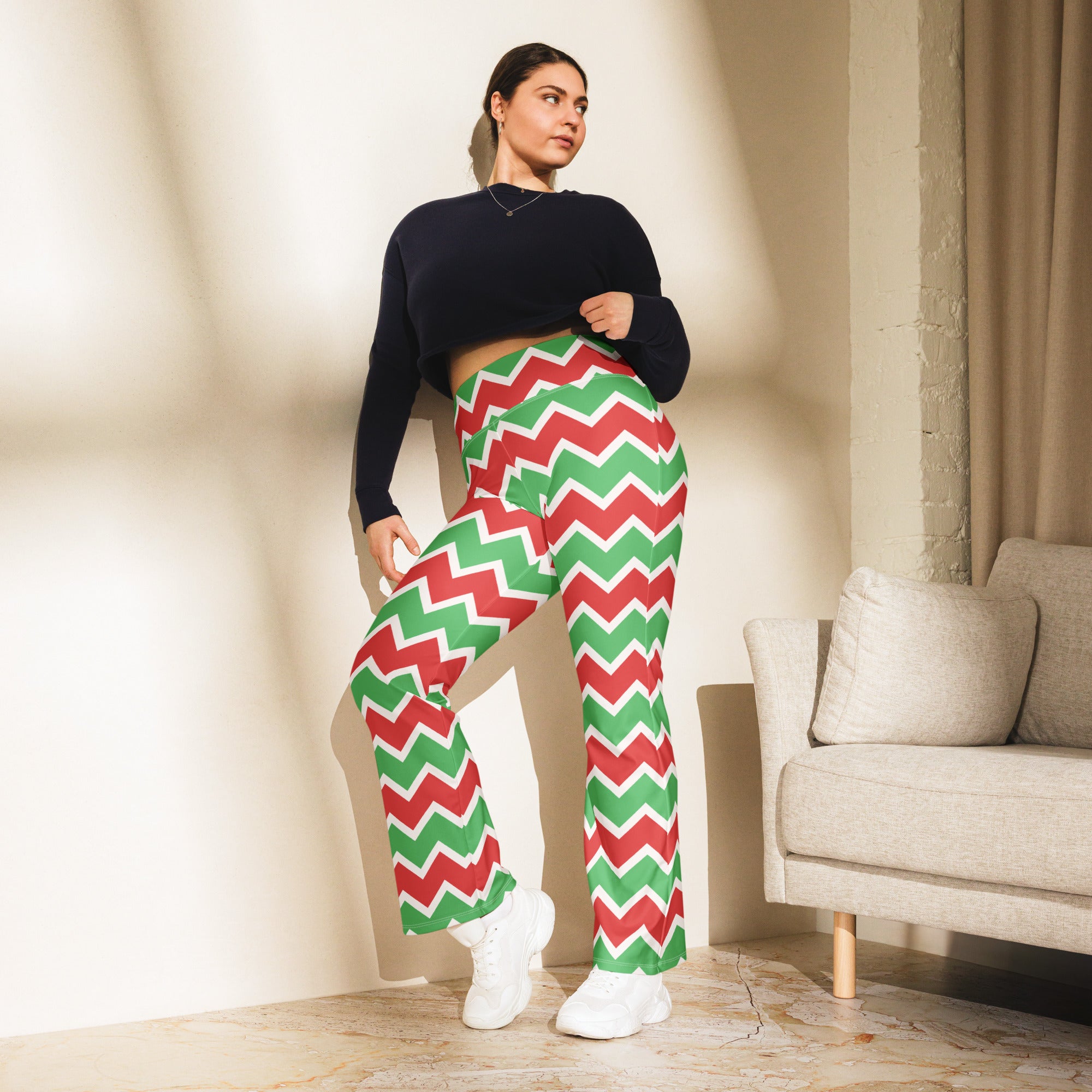 Women’s christmas chevron high waist flare legging pants in red and green zigzag pattern for plus size