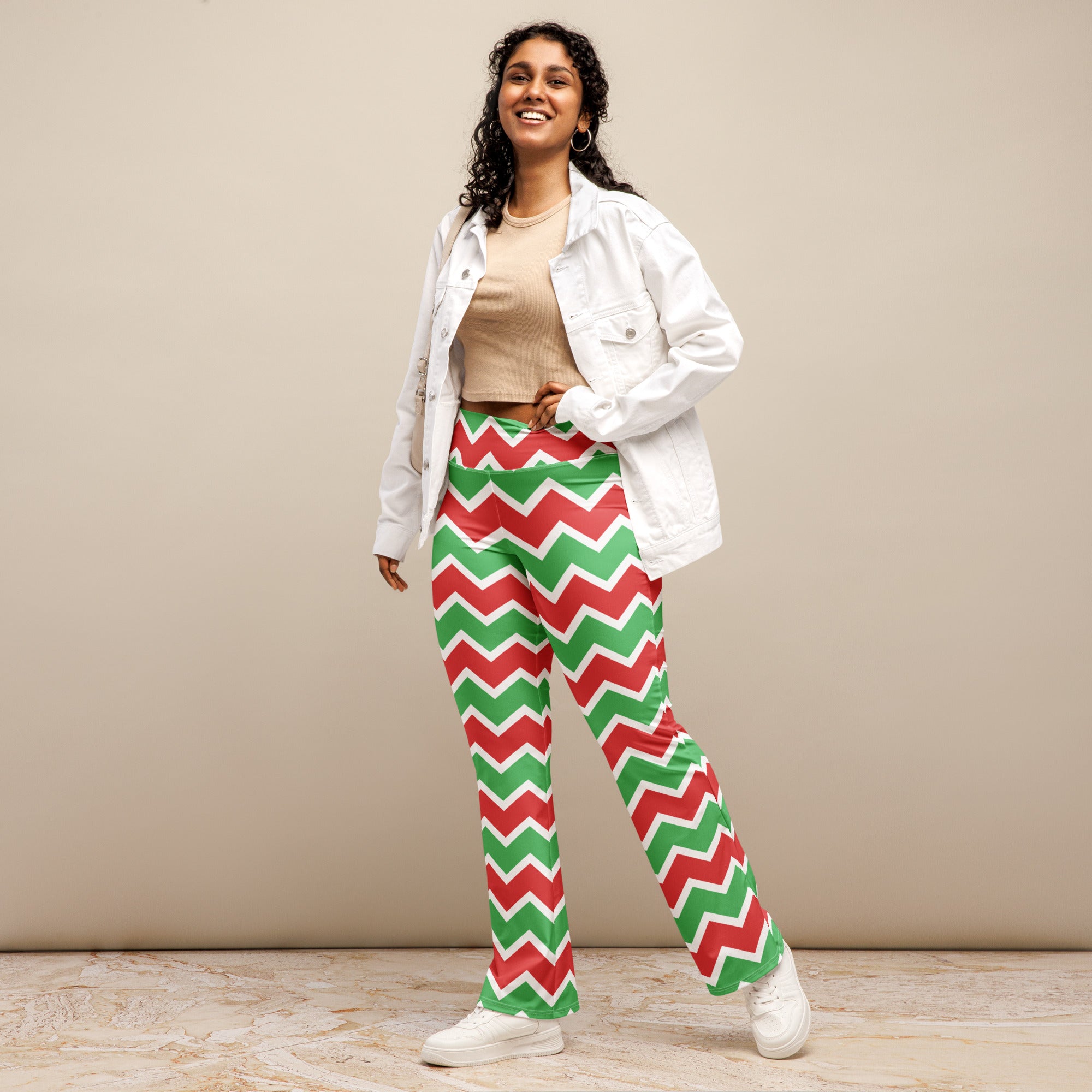 Women’s Christmas chevron high waist flare legging pants in red and green with a festive chevron pattern