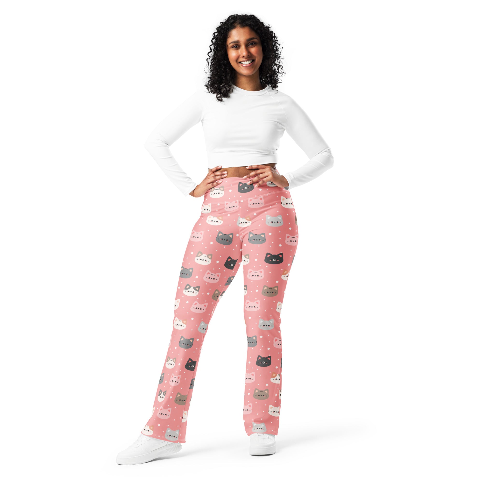 Women’s cute pink cat faces high waist flare leggings with playful cartoon cat pattern in gray black and white