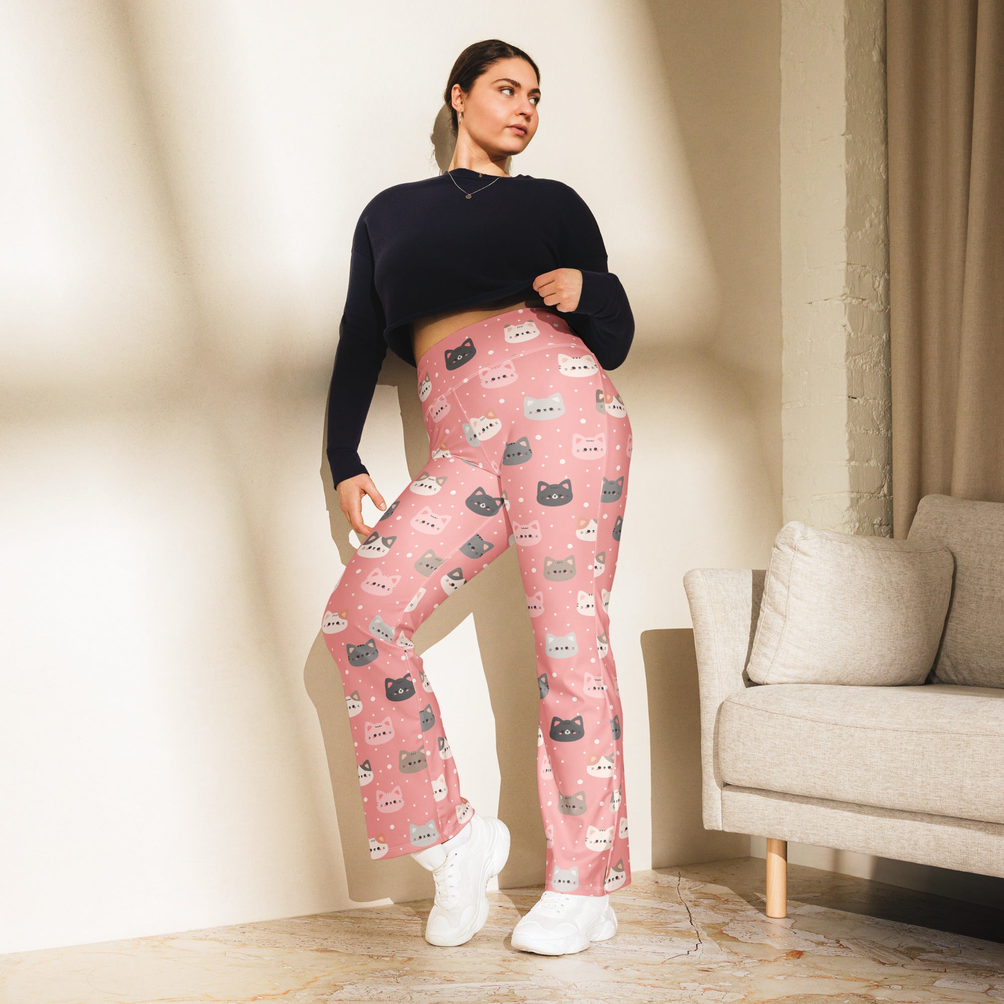 Women’s cute pink cat faces high waist flare leggings with soft stretchy fabric and playful gray and white kitten prints