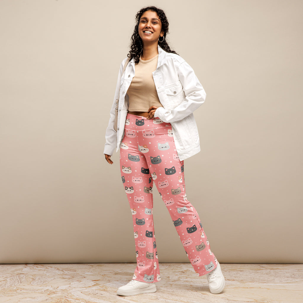 Women’s cute pink cat faces high waist flare legging pants with soft stretchy fabric and playful gray white kitten prints