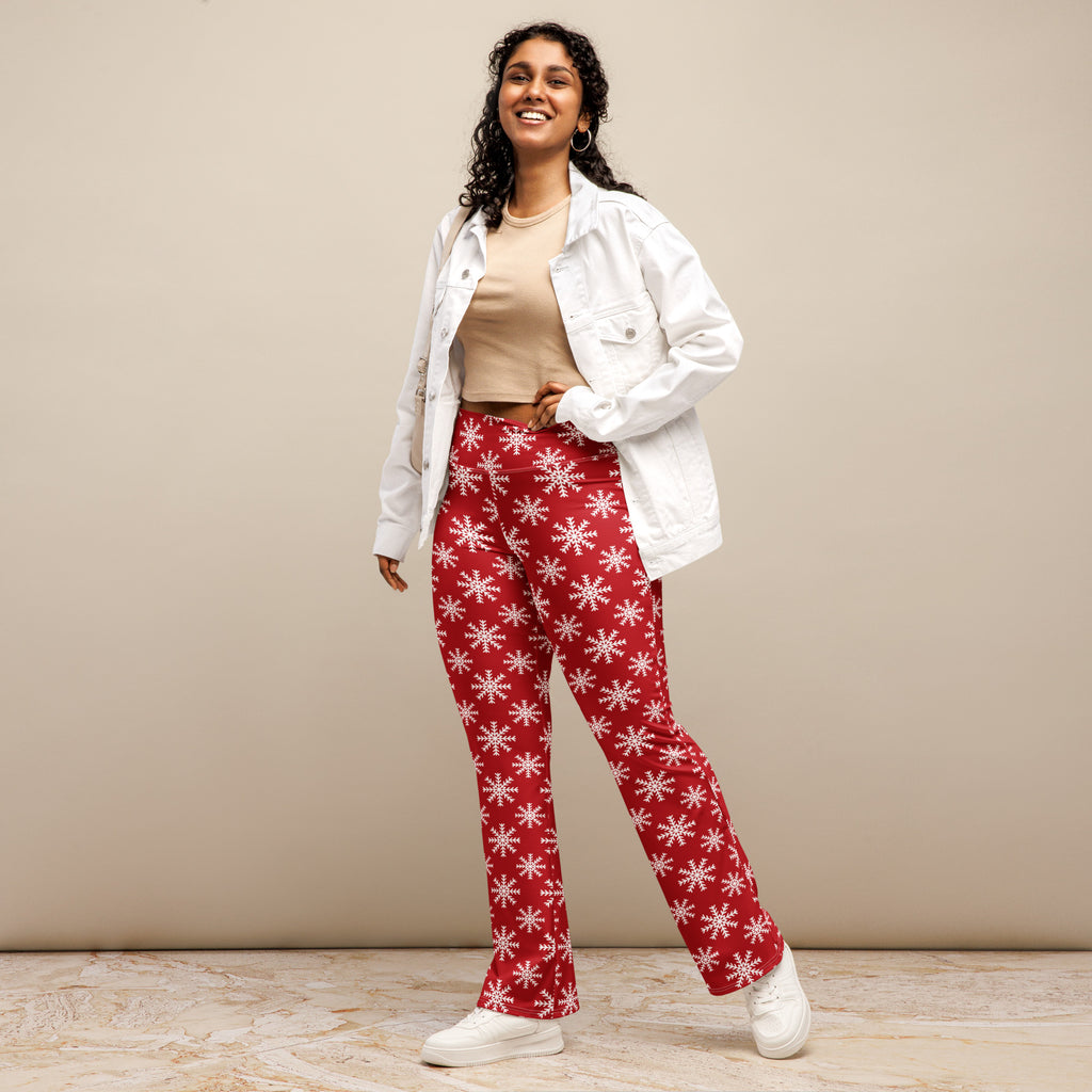 Women’s red snowflake high waist flare legging pants featuring a festive snowflake pattern and flared leg design