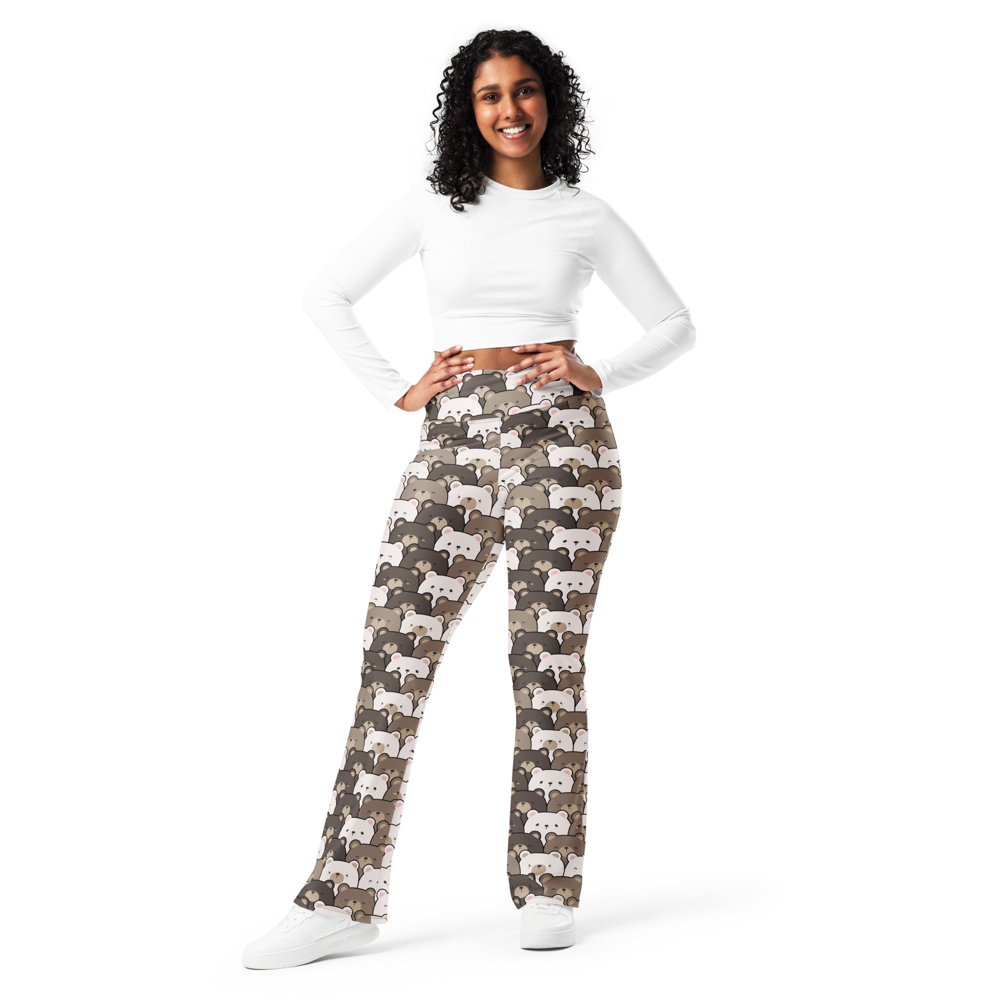 Women’s cute bear print high waist flare legging pants with white and gray gaming controller pattern on brown
